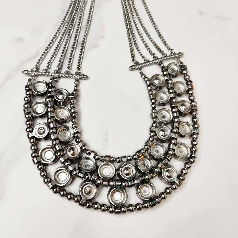 Silver Tone Metal Multi Chain Glass Gem Adjustable Collar Necklace Brutalist